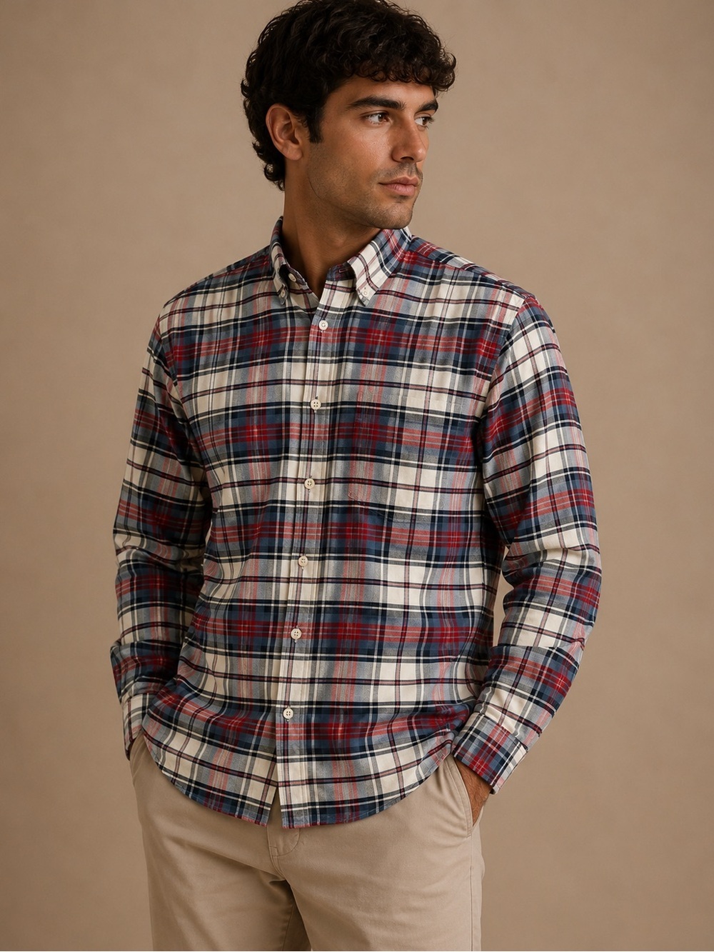 St. John’s Bay Men’s Red Blue White Plaid Long Sleeve Button Down Size M